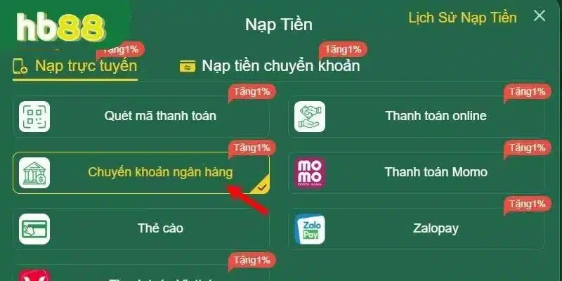 Thao tác nạp tiền Hb88 cực đơn giản thông qua chuyển khoản ngân hàng